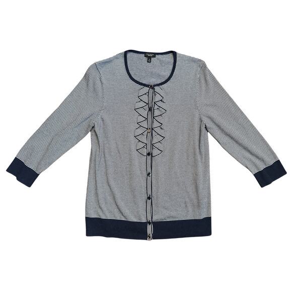 Talbots Navy White Stripe Cotton Blend Cardigan Sweater W. Ruffle Button Size M - Picture 1 of 4